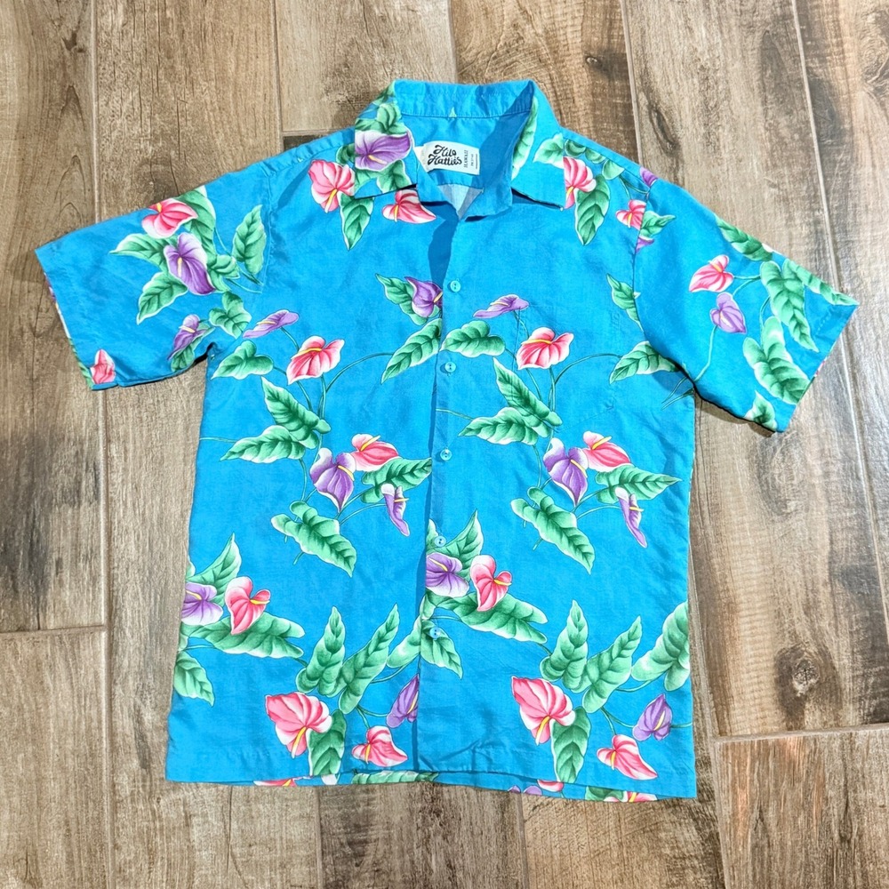 Hilo Hattie Mens VTG 80 Tropical Floral Rayon Hawaiian Aloha Shirt,Blue Pink,L - Picture 1 of 11